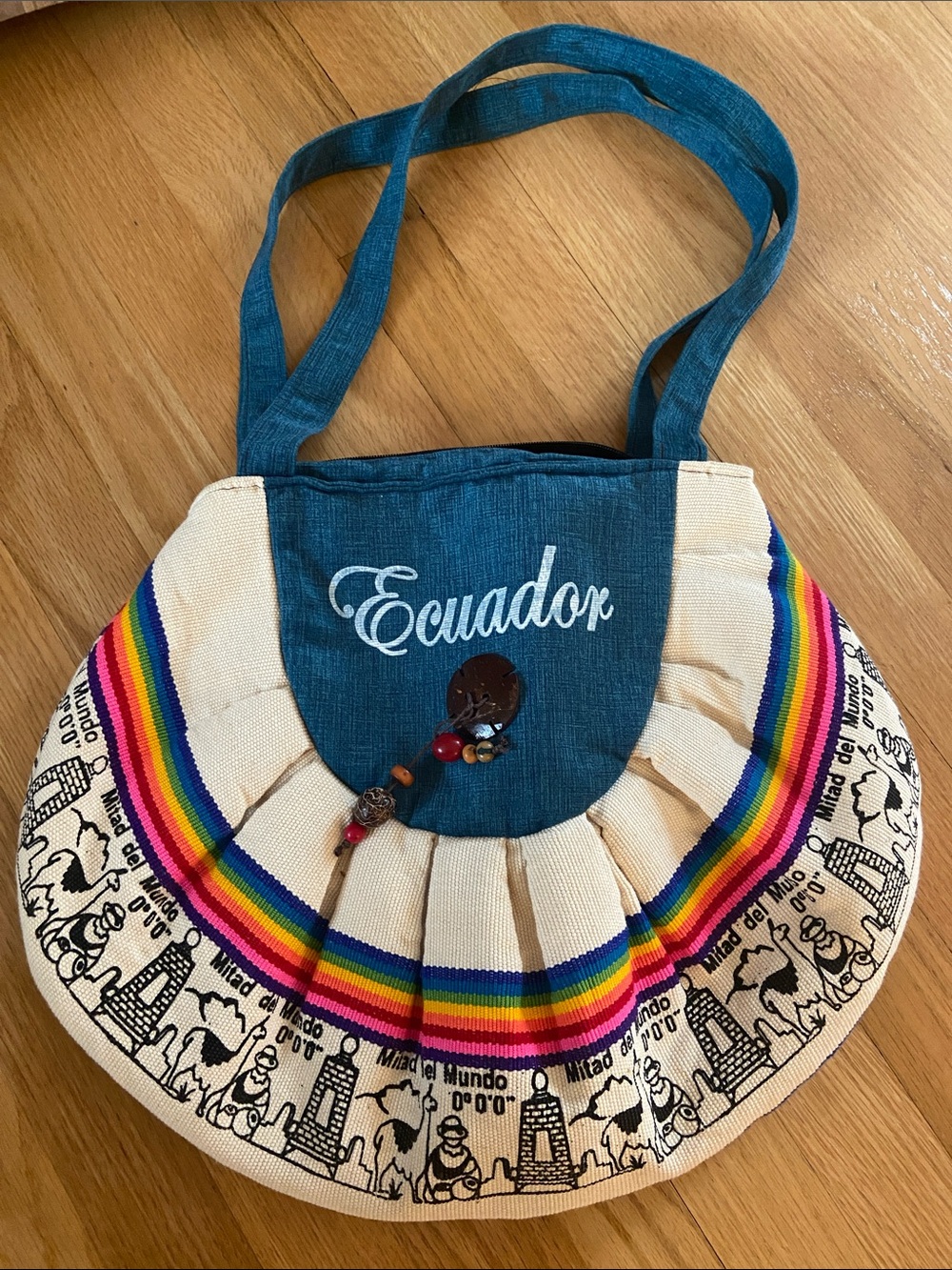 Ecuador Rainbow Accent Canvas Shoulder Bag - Teal and Cream